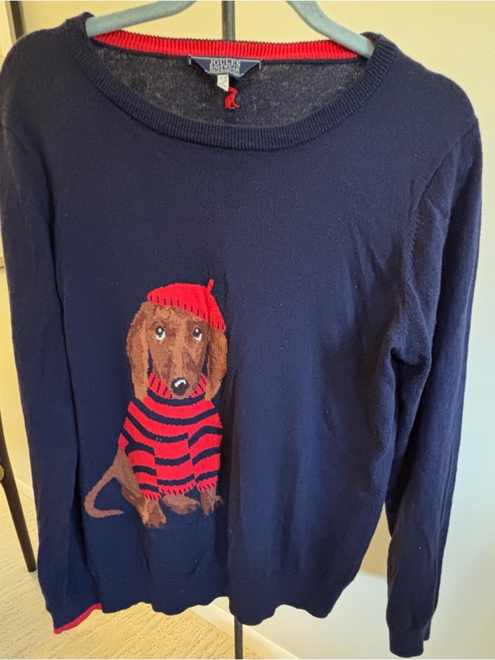 Navy Cotton Crewneck Sweater with Intarsia French Dog - Picture 2 of 9
